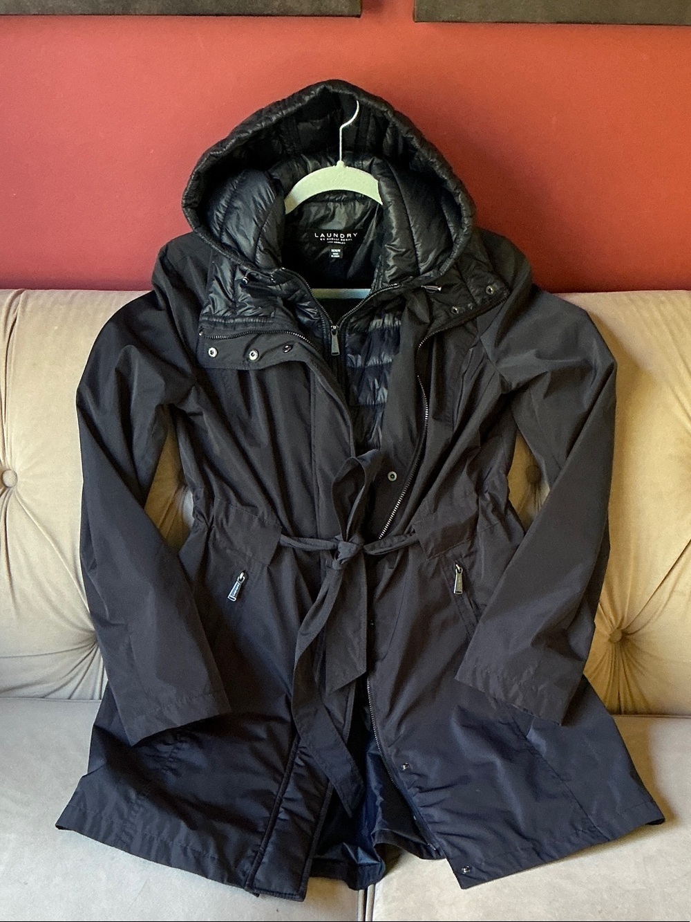 Laundry By Shelli Segal Navy Hooded Trench with Waist Tie